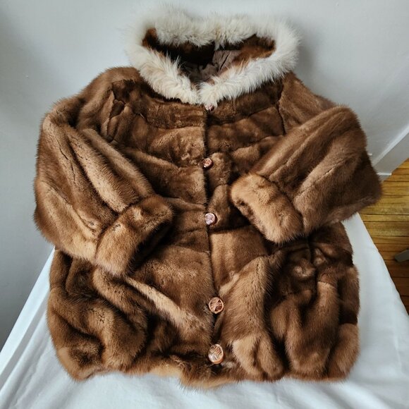 Western Furs Canadian Genuine Mink Fur Coat Stroller Fox Trim Hood VTG Mob Wife - Picture 11 of 16